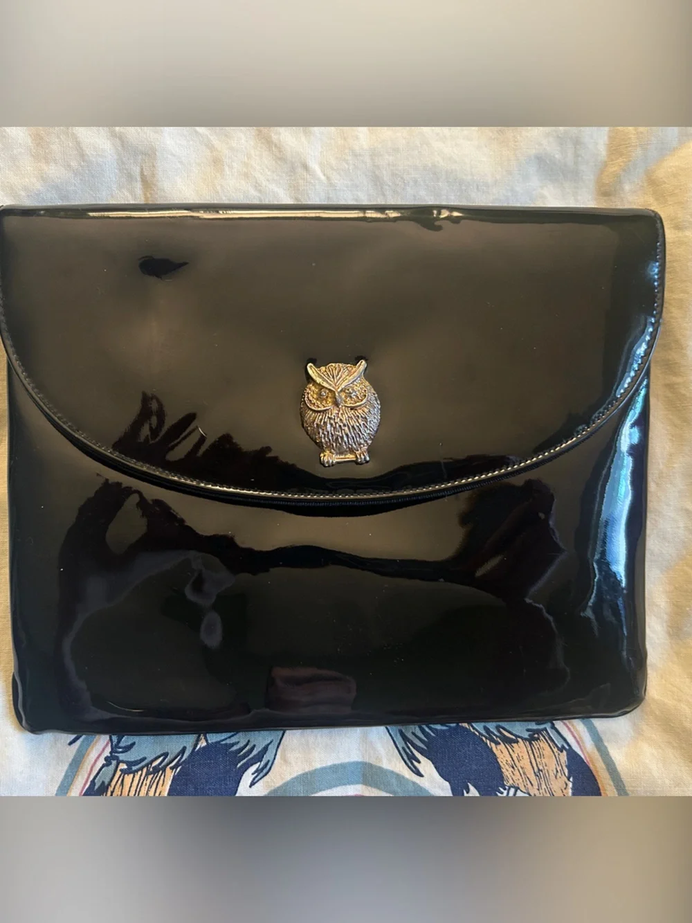 Vintage Miss Lewis Black Patent Envelope Clutch with Gold Owl Emblem